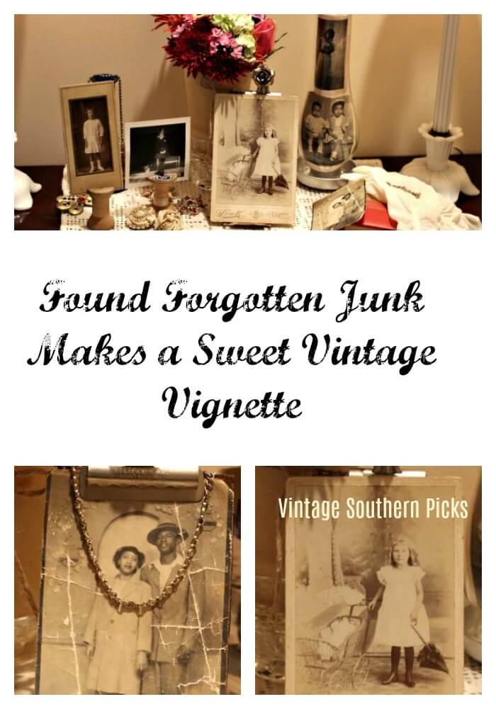 Old rusty junk and vintage photos combine into a lovely home vignette!